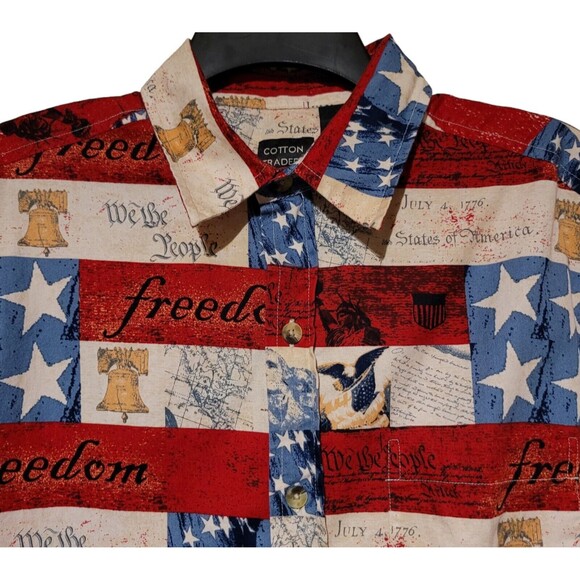 VTG Cotton Traders Sport Men's Medium Short Sleeve Button American Flag Freedom - Picture 2 of 4